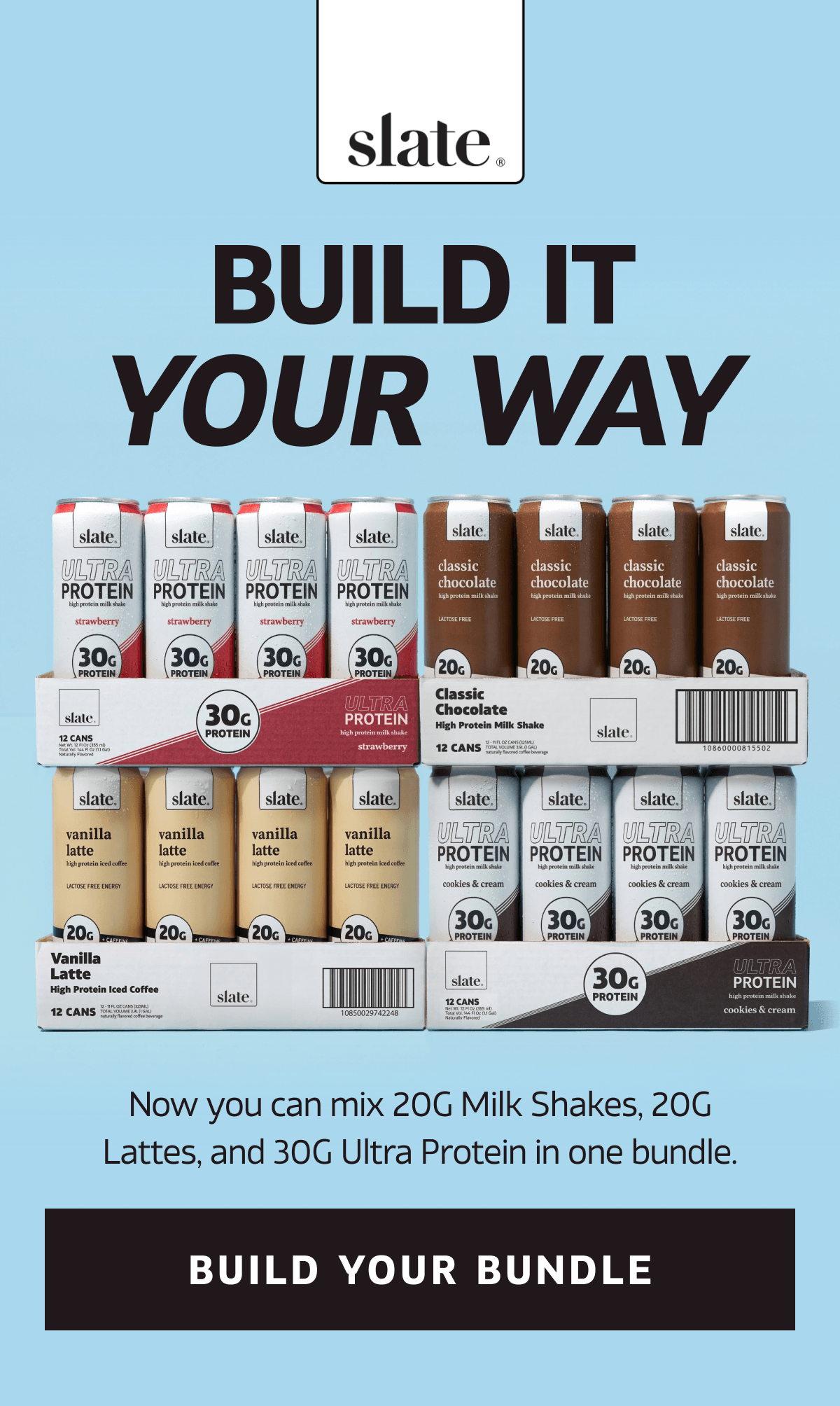 Now you can mix 20G Milk Shakes, 20G Lattes, and 30G Ultra Protein in one bundle. | START MIXING