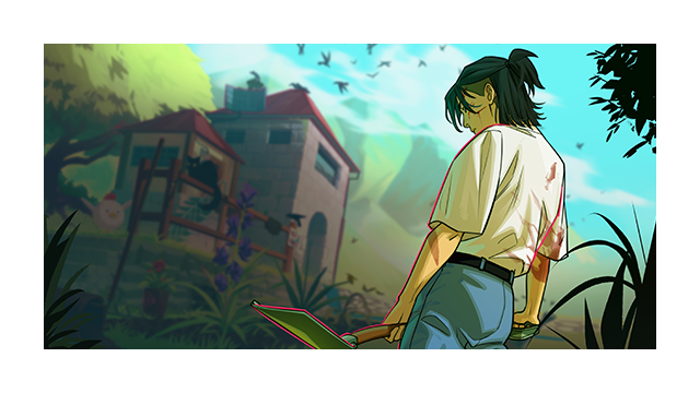 Key art for Grave Seasons featuring the protagonist in a field with a shovel and a stained shirt.