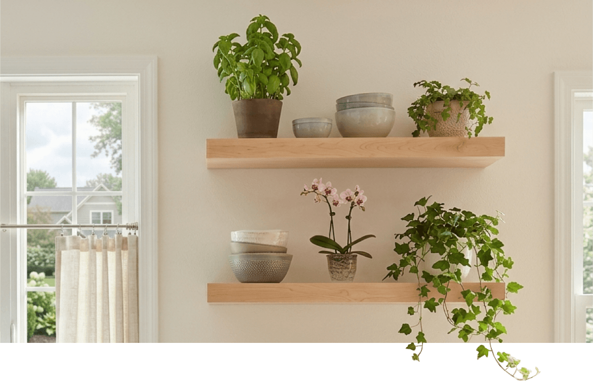 Wooden shelves with potted plants and bowls.