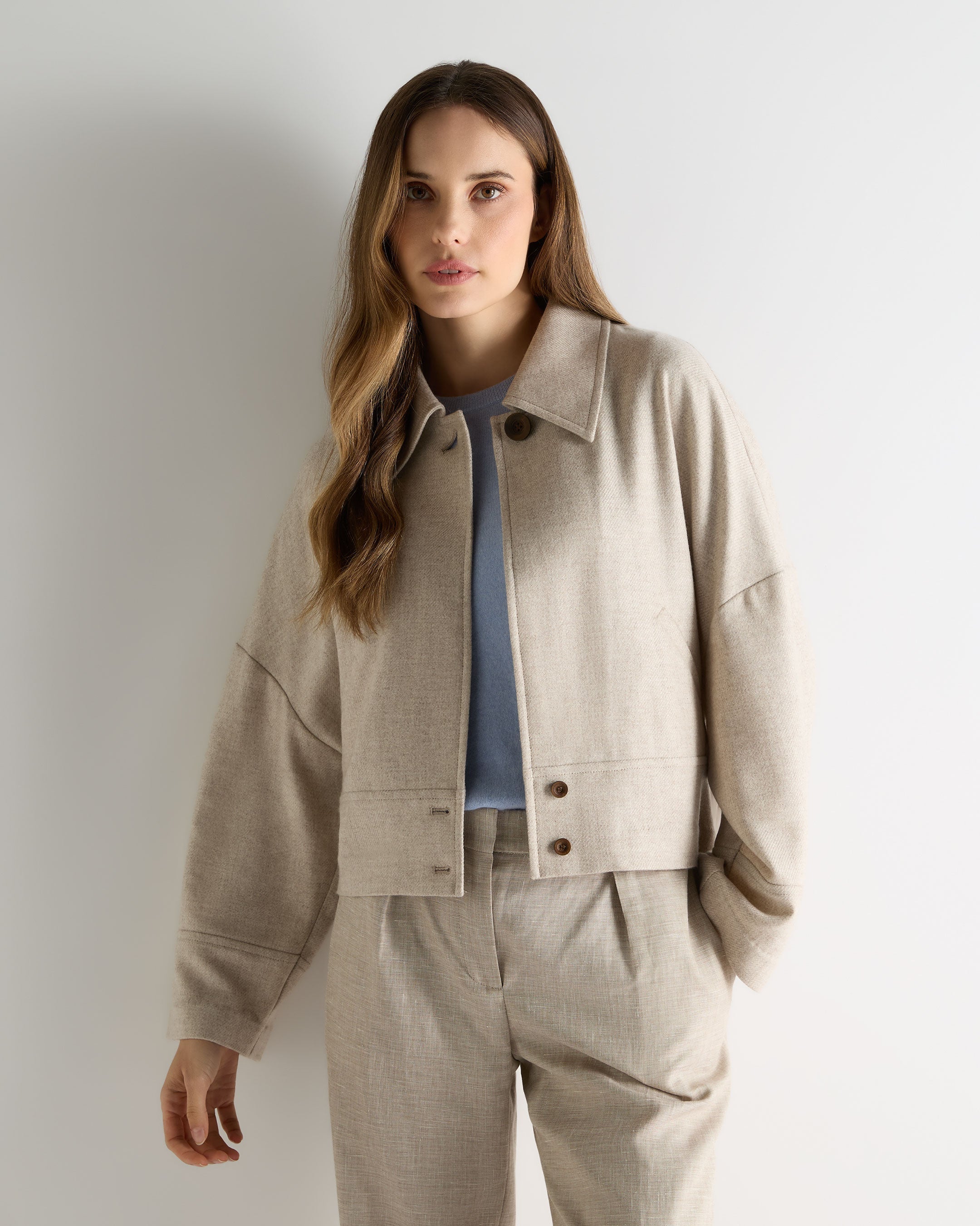 Image of Women's Woven Cashmere Short Jacket Beige Brown