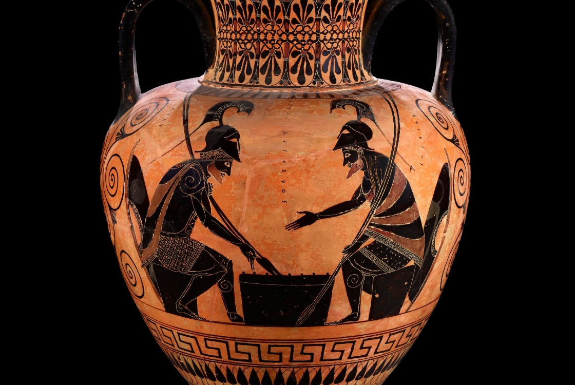 A black-figure amphora showing Ajax and Achilles playing a game.