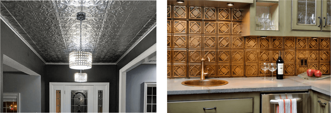Decorative tin ceiling and copper kitchen backsplash.