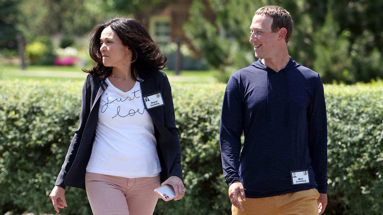 Mark Zuckerberg walks with Sheryl Sandberg at the Allen & Company Sun Valley Conference in Sun Valley, Idaho, United States, July 8th 2021