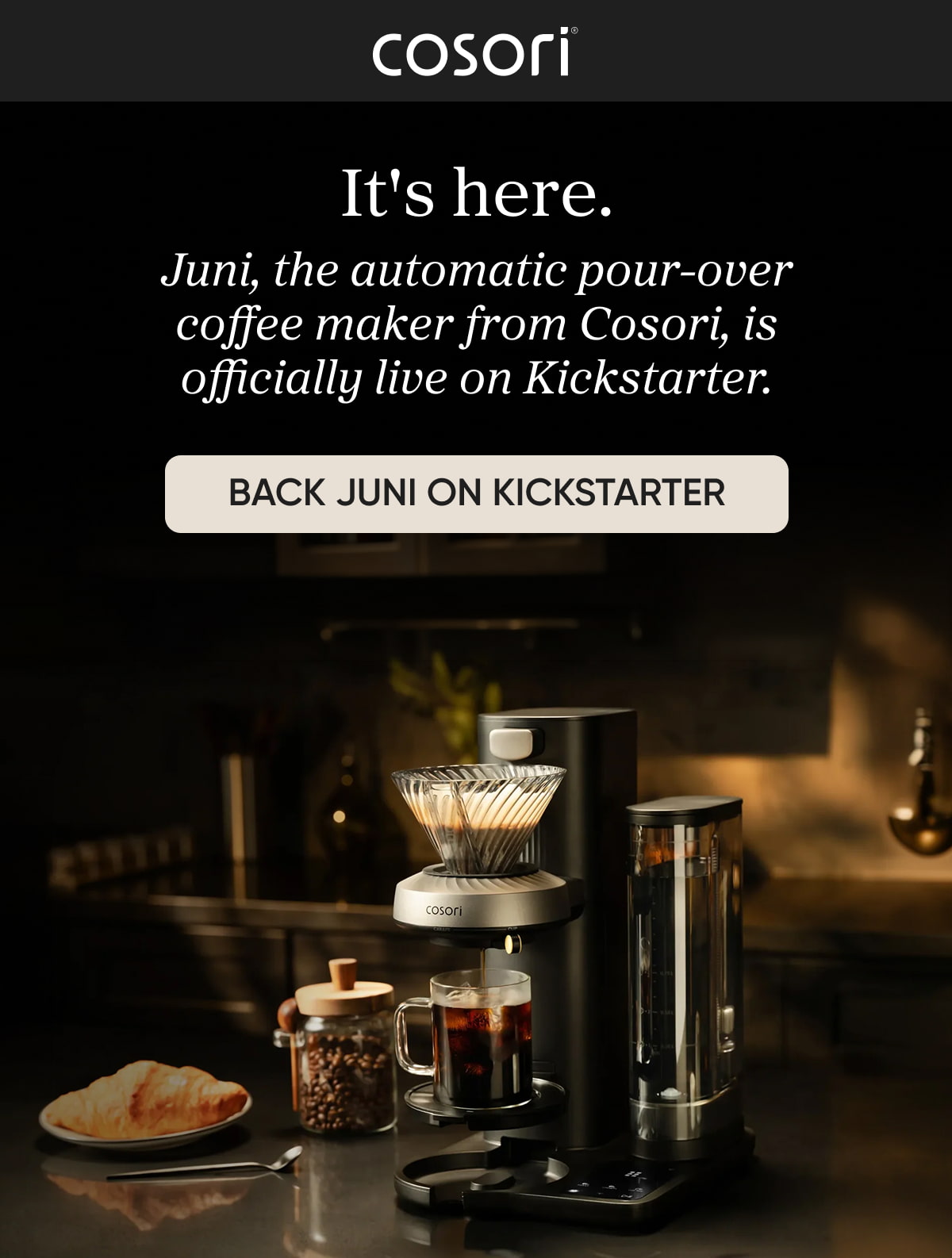 It's here. Juni, the automatic pour-over coffee maker from Cosori, is officially live on Kickstarter.