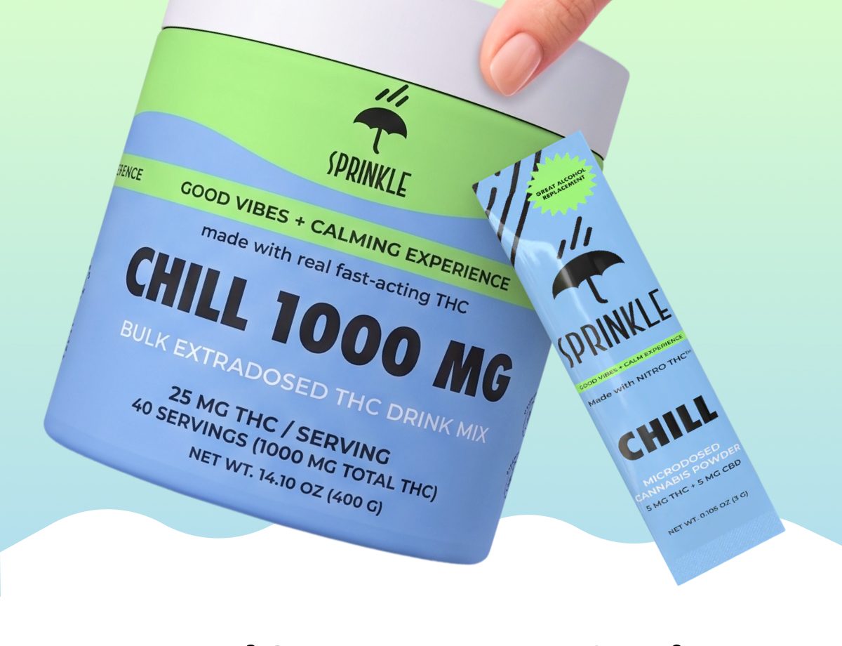 Chill 1000 mg THC drink mix container and a single serving packet.