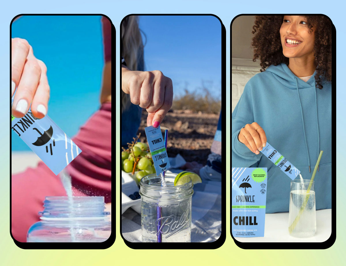 Three images showing a person adding flavored powder to water in different settings.