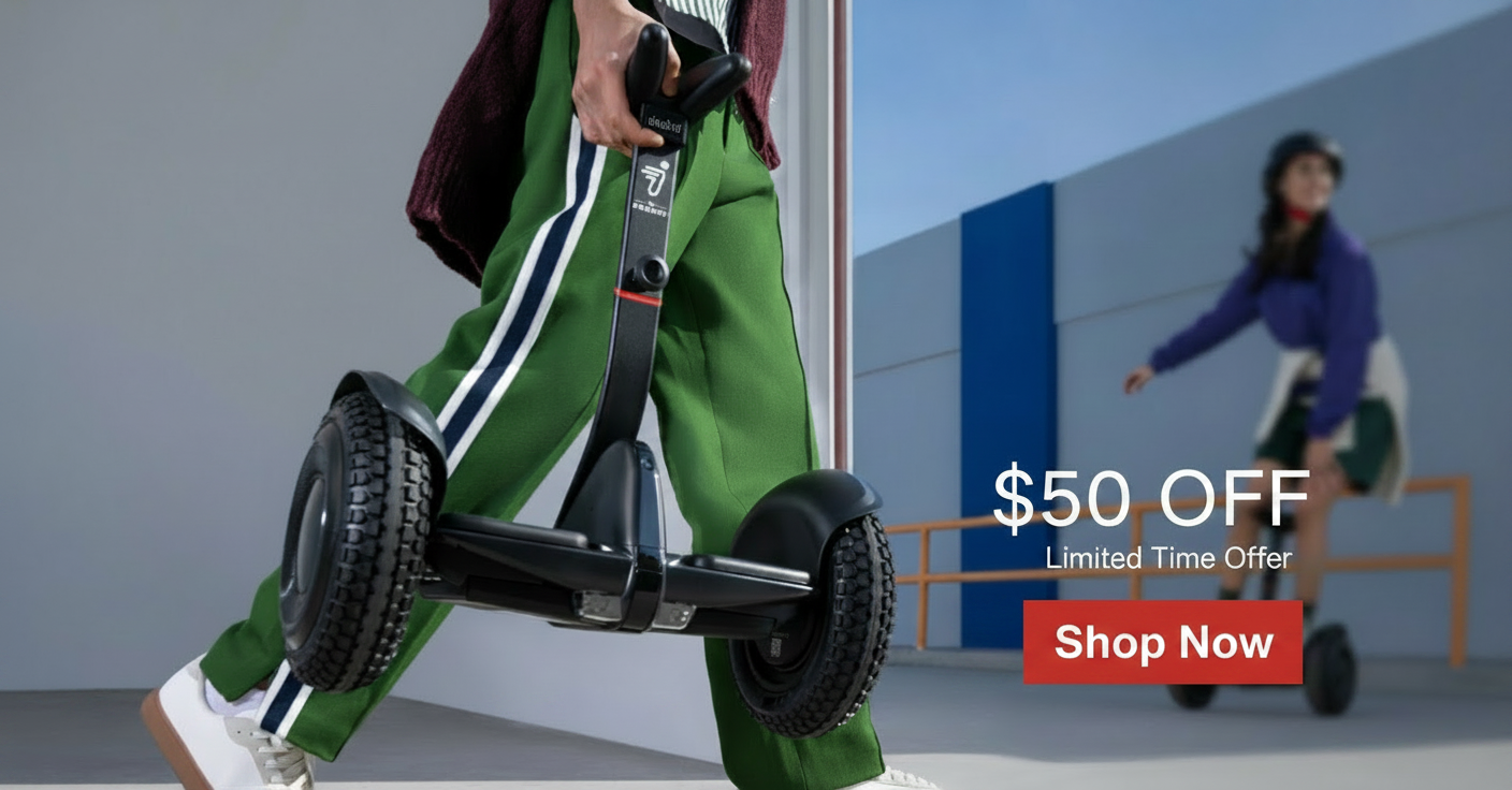Person holding a hoverboard with a "$50 OFF" offer and "Shop Now" button.