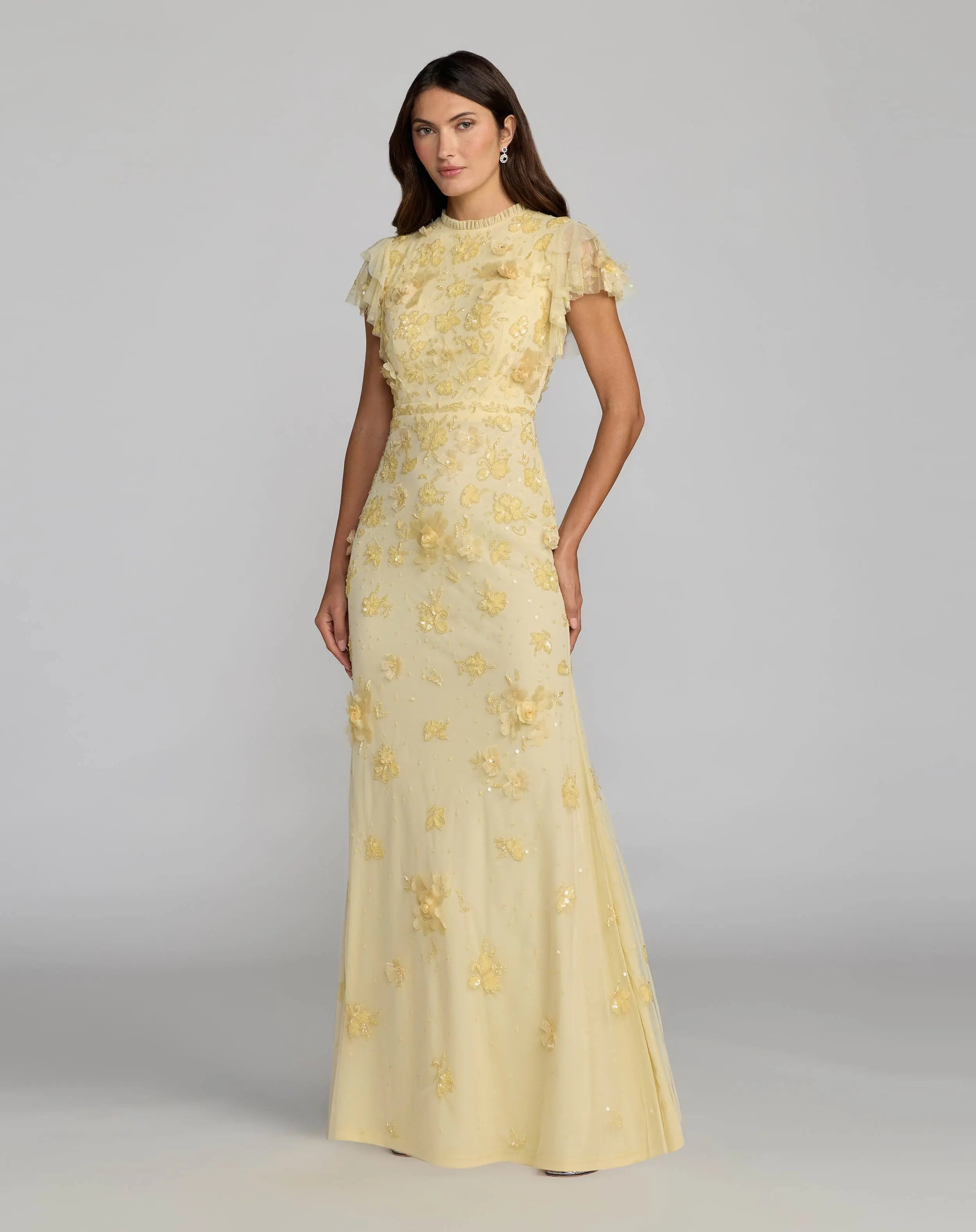 Image of Yellow Floral Embellished High Neck Flutter Sleeve Gown