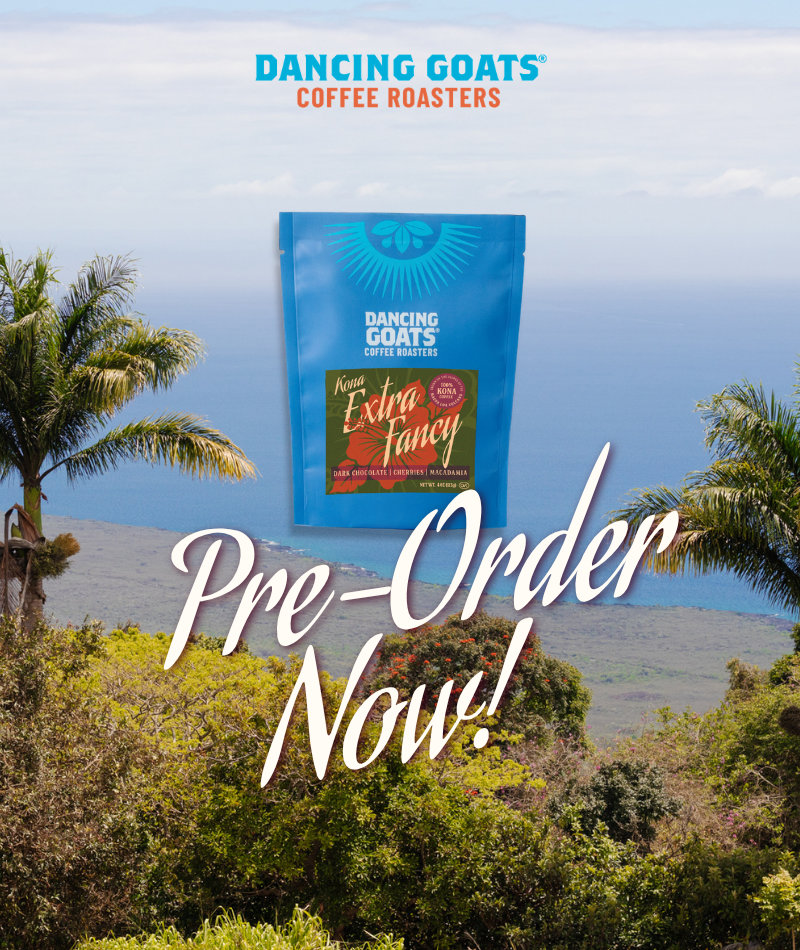 dancing goats logo. 4oz bag of kona coffee. pre-order now. on hawaii beach background