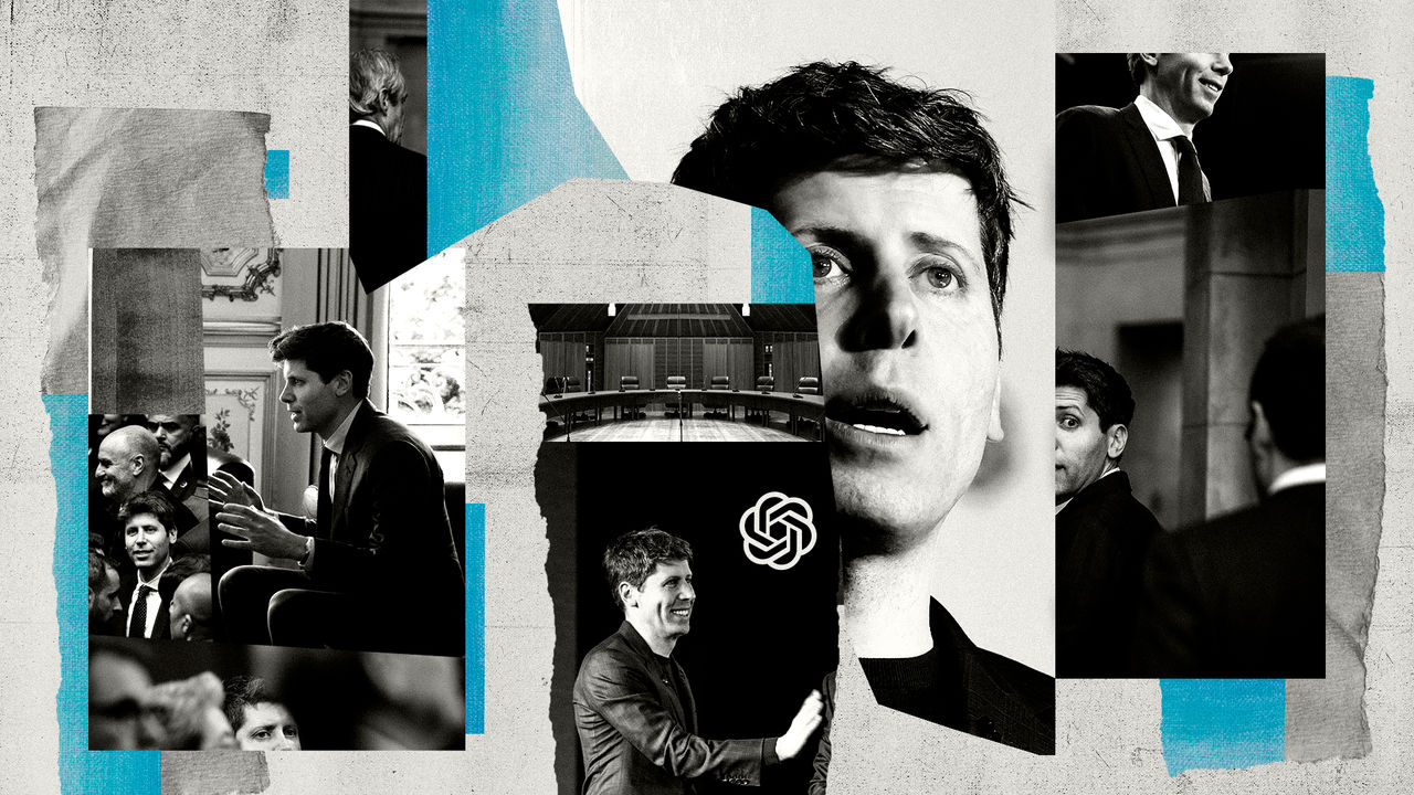 A collage illustration showing different photos of Sam Altman overlayed with textures and some blue colour. The OpenAI logo is visible in one of the photos.