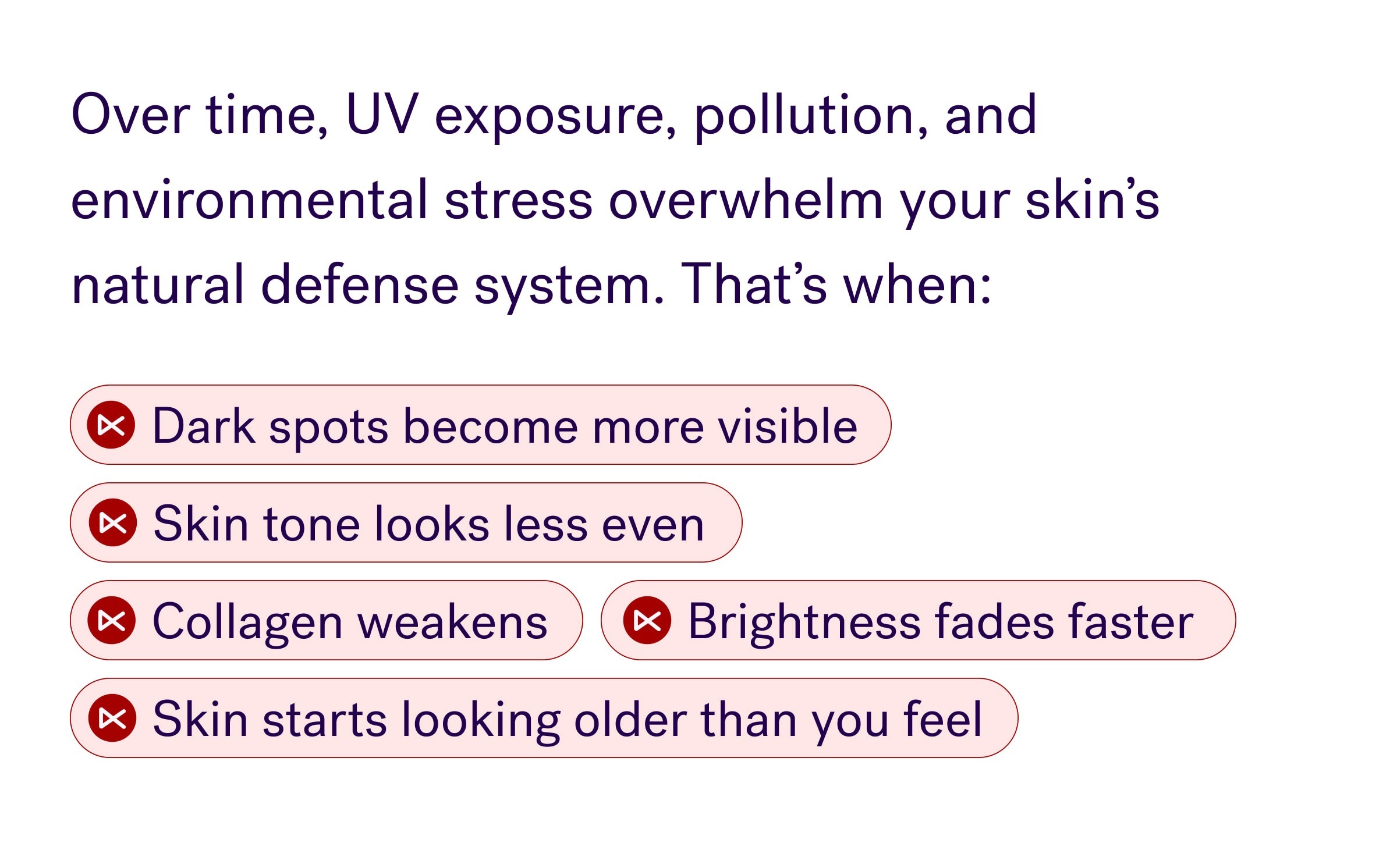 Over time, UV exposure, pollution, and environmental stress overwhelm your skin’s natural defense system. That’s when: Dark spots become more visible Skin tone looks less even Collagen weakens Brightness fades faster Skin starts looking older than you feel The Vitamin C Serum Designed For Accumulated Damage Radiance Reclaimed was created specifically for mature skin carrying years of visible environmental stress. Unlike traditional Vitamin C serums that oxidize quickly, sting sensitive skin and turns brown after opening. &nbsp; This formula uses stabilized Sodium Ascorbyl Phosphate, a gentler form of Vitamin C that stays potent without irritation. Paired with ferulic acid, it helps create: