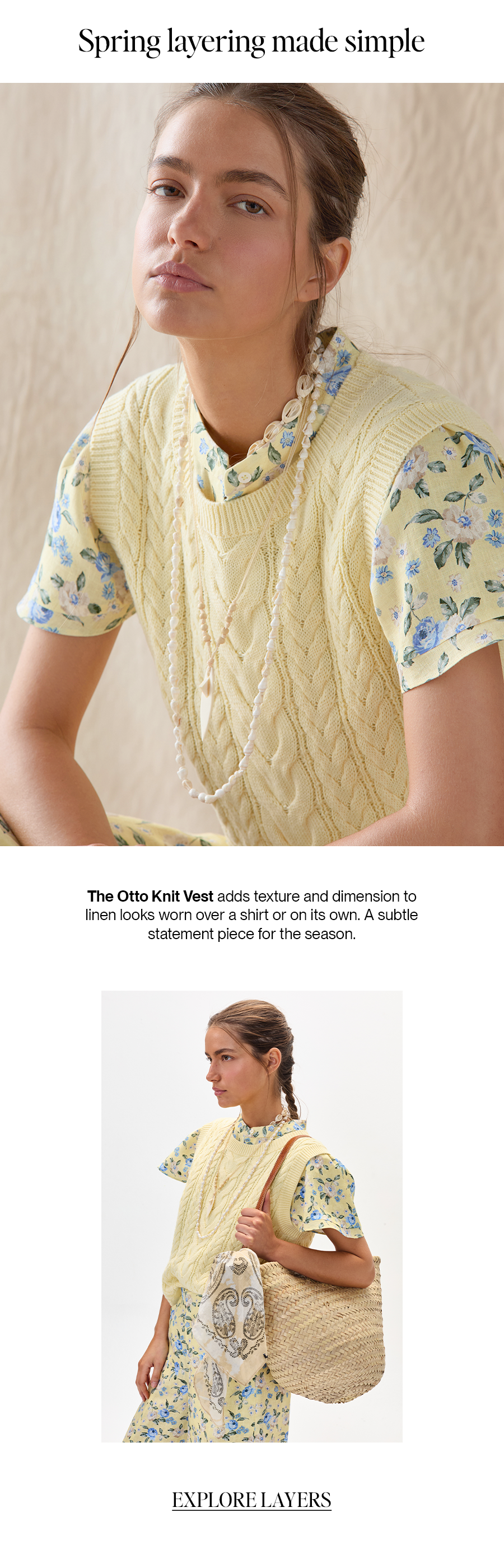 a woman wearing a yellow sweater with a floral print shirt under