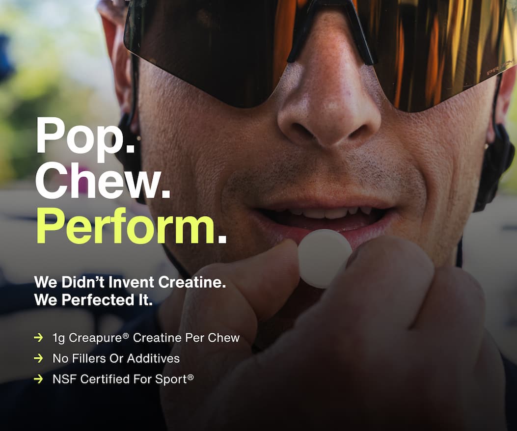 Close-up of a man wearing sunglasses and workout gear holding a Momentous Creatine Chew near his mouth, with text reading 'Pop. Chew. Perform.' and 'We Didn’t Invent Creatine. We Perfected It.' followed by product highlights: 1g Creapure Creatine per chew, no fillers or additives, NSF Certified for Sport."
