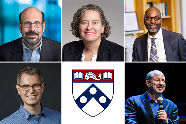 Mark G. Allen, Sara Cherry, Provost John L. Jackson, Jr., Michael E. Mann, and Duncan Watts. framed by the Penn logo.