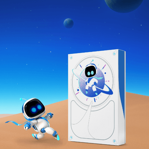 A small, playful robot with glowing blue features joyfully jumps near a futuristic white box displaying its image.