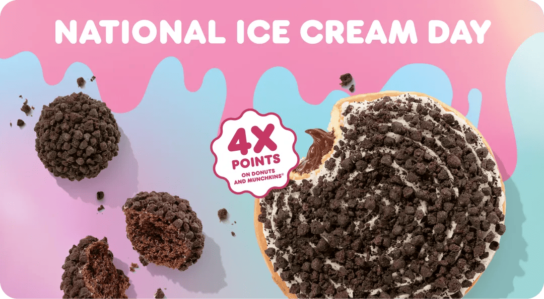 National Ice Cream Day. Image of a Ice Cream Cake Flavored Donut  and 4X points bug.
