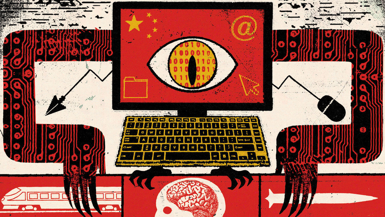 An illustration of a computer monitor with an eye in the centre, displaying binary code in its pupil. The monitor has a red background with symbols: a Chinese flag, an email @ sign, a folder, and a cursor. The monitor is connected to circuit-like arms en