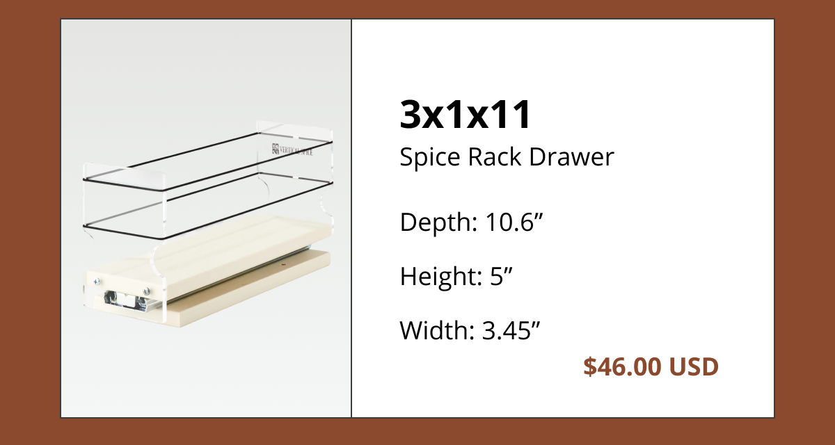 Vertical Spice 3x1x11 compact pull-out spice rack drawer for narrow cabinet storage spaces