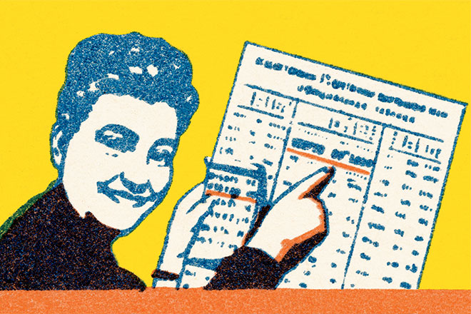 Artwork of a person pointing at a sheet of paper with numbers.