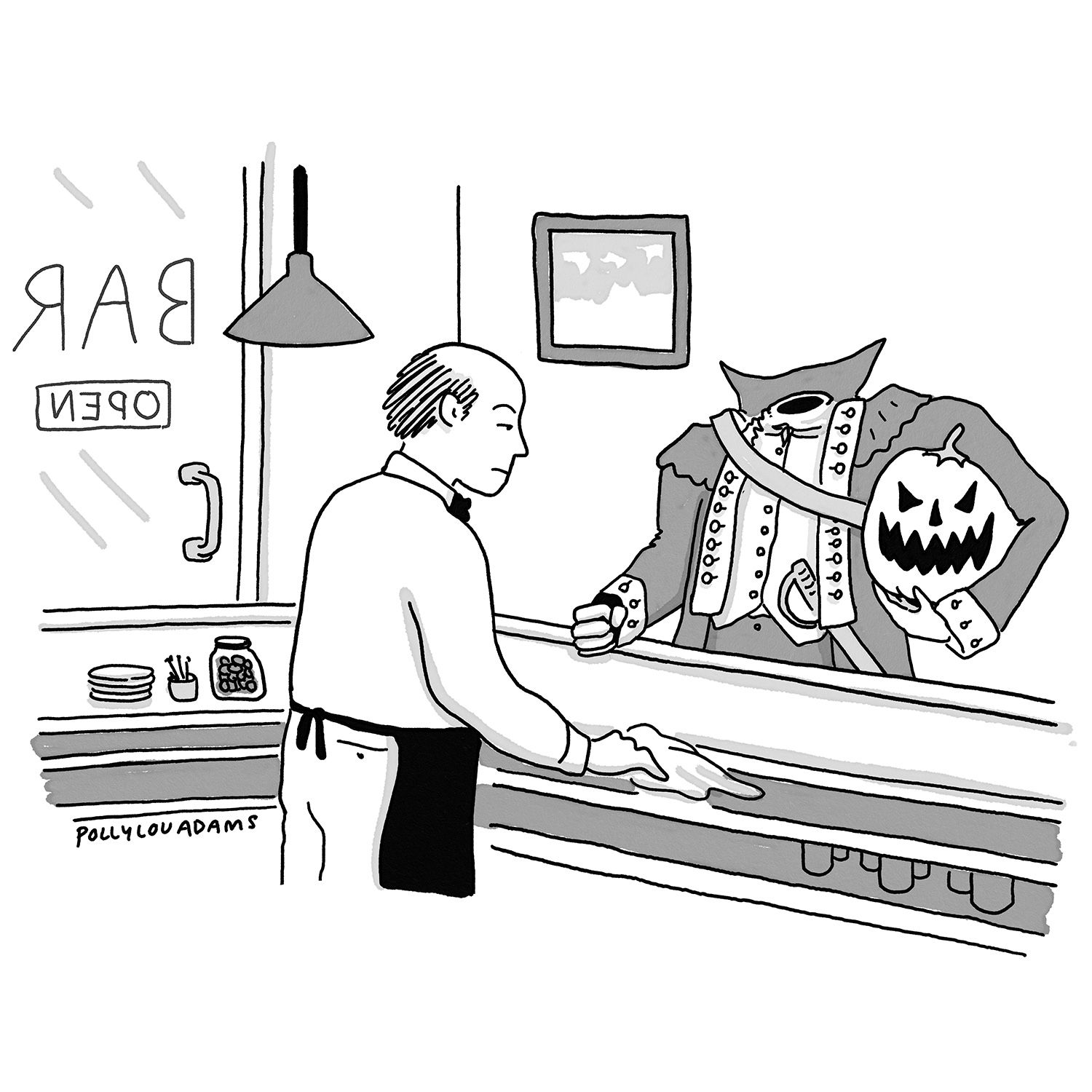 A headless horseman carrying a jack-o’-lantern under his arm is at a bar, speaking to the bartender.
