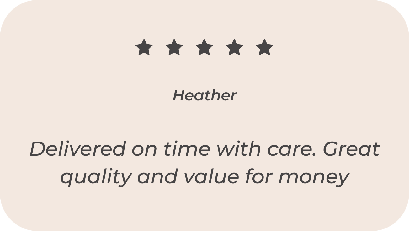 Delivered on time with care. Great quality and value for money. - Heather