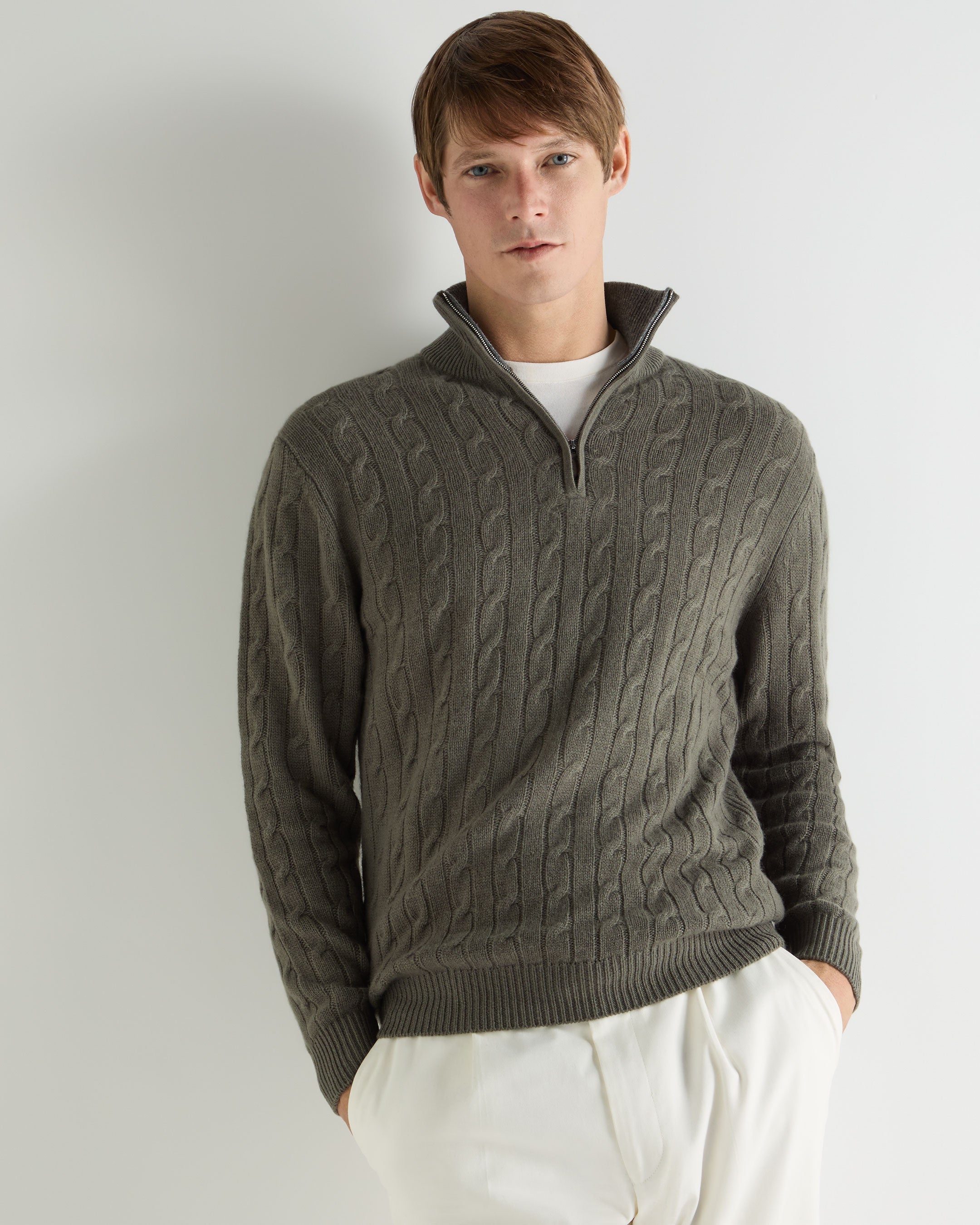 Image of Men's Albemarle Cable Half Zip Cashmere Sweater Olive Green