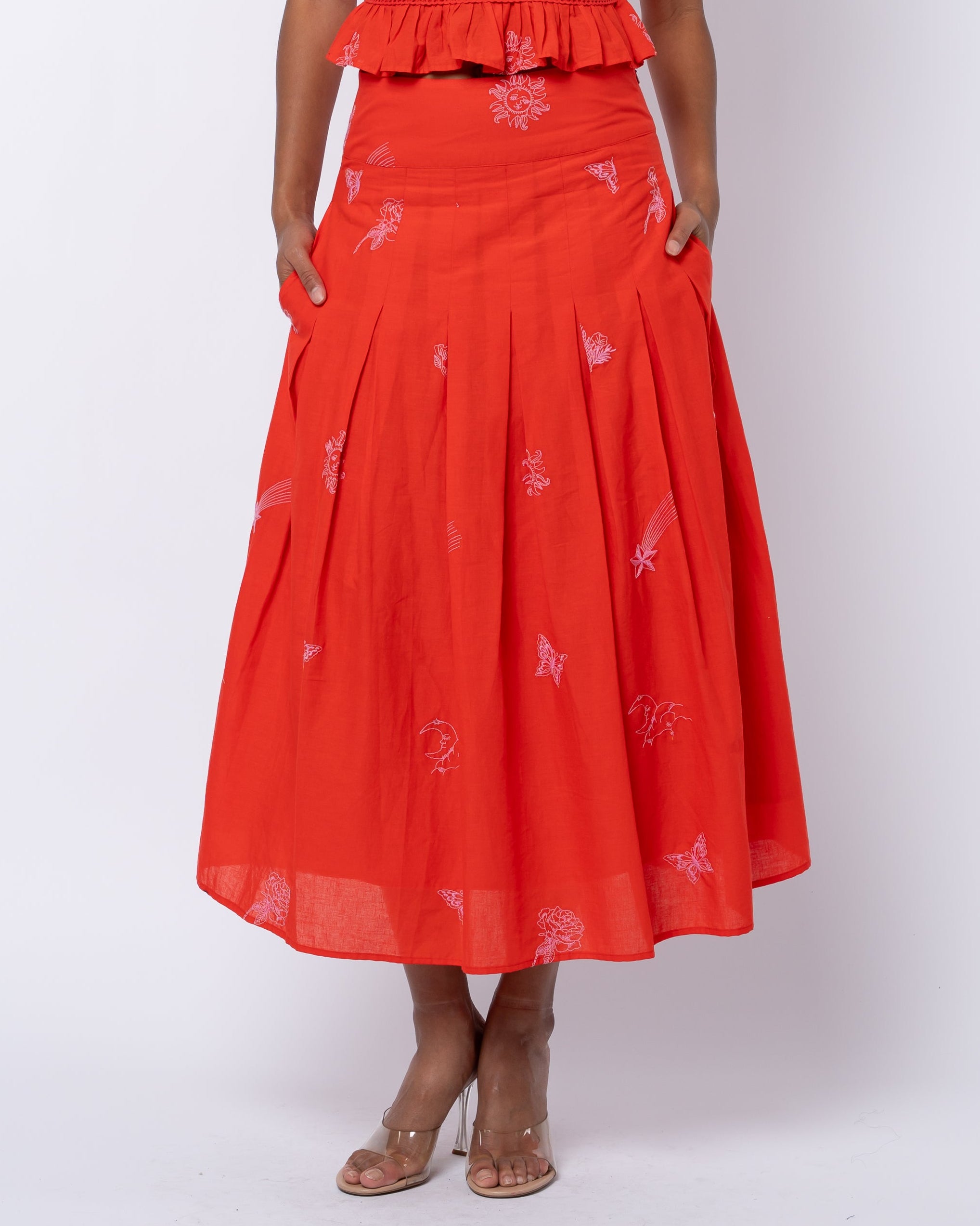 Image of Rezza Embroidered Cotton Pleated Midi Skirt