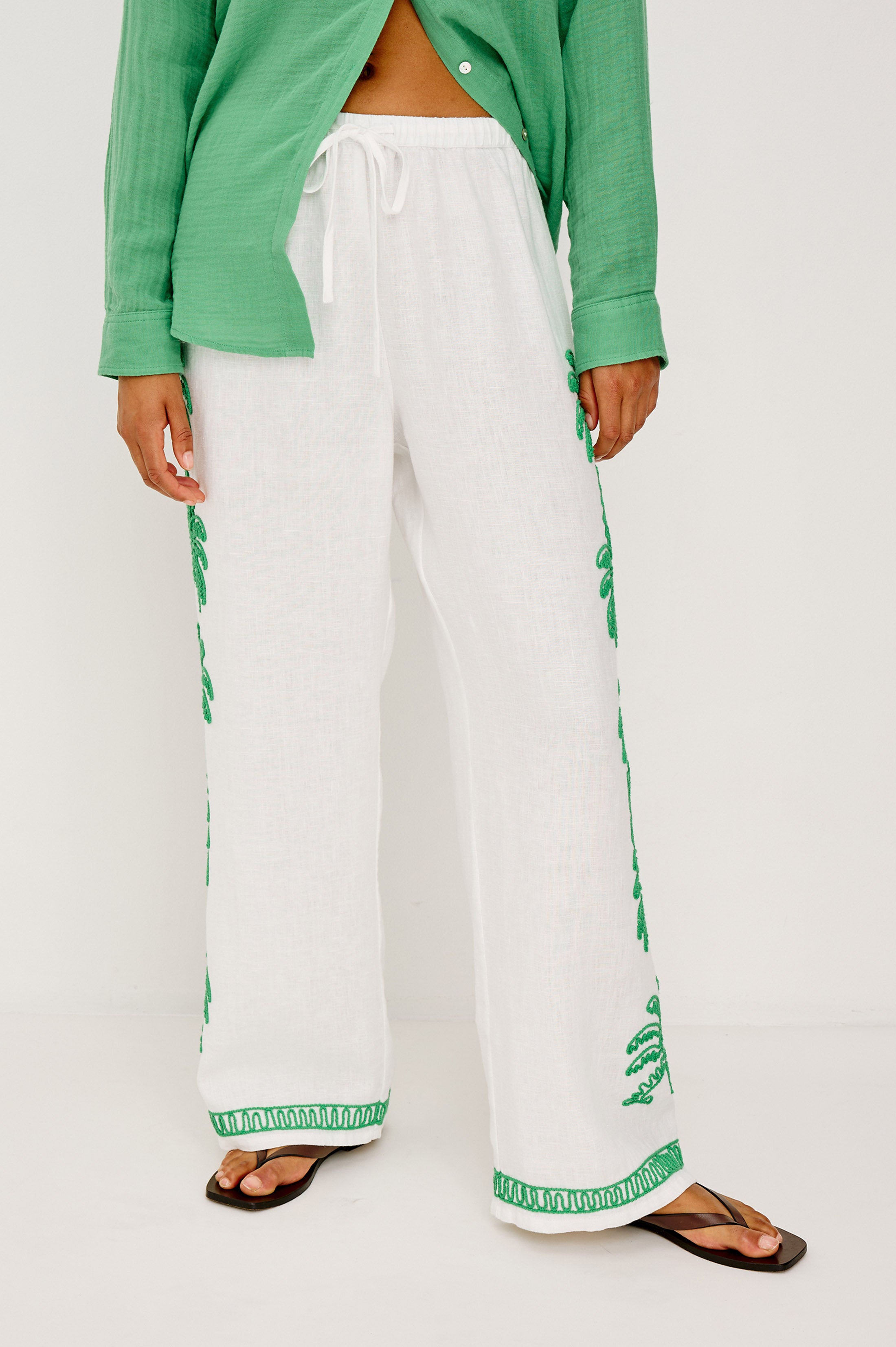 Image of EMMIE PANT - EMERALD PALMS EMBROIDERY