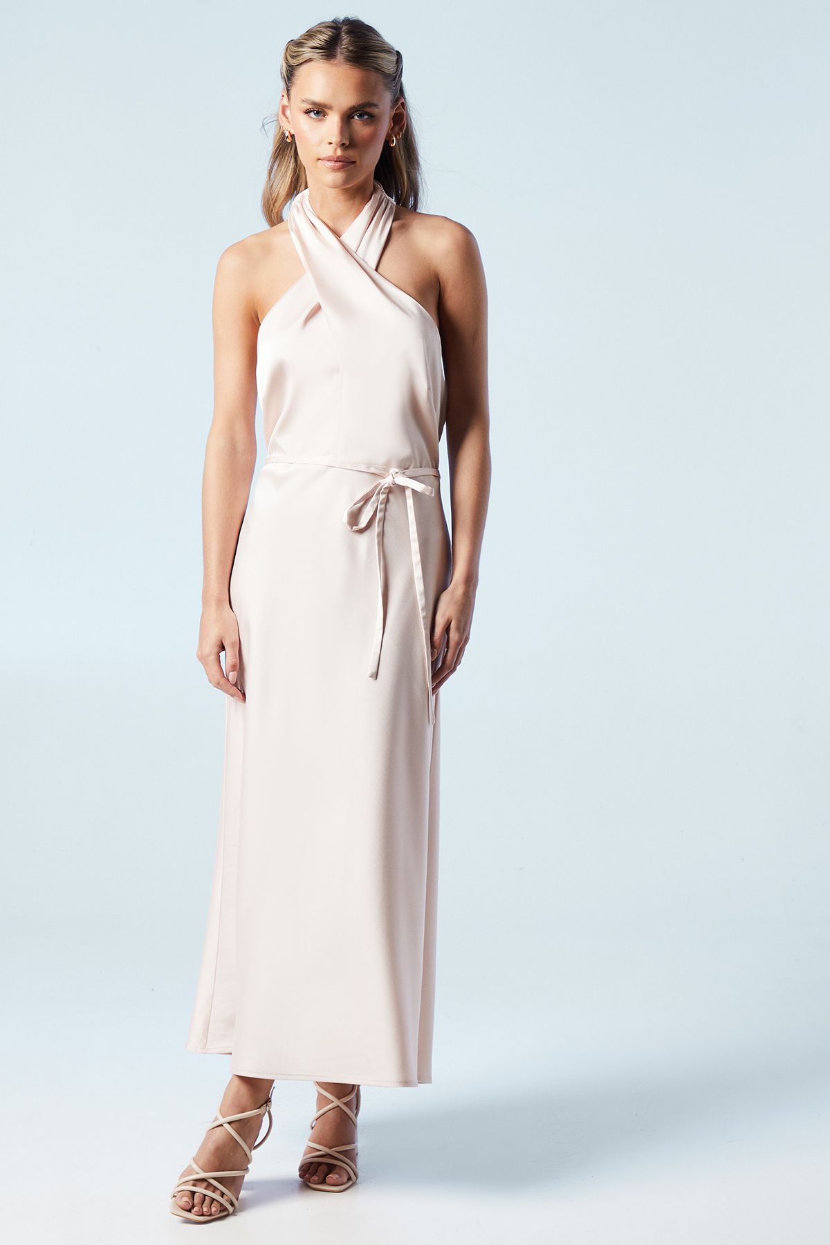 Petite Cross Front Halter Neck Bridesmaid Midi Dress