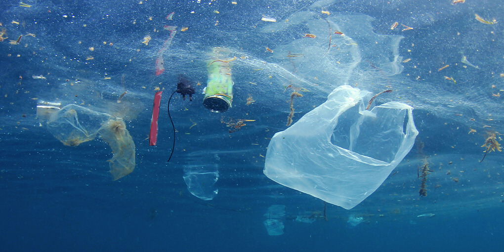 Litter floating in the ocean.