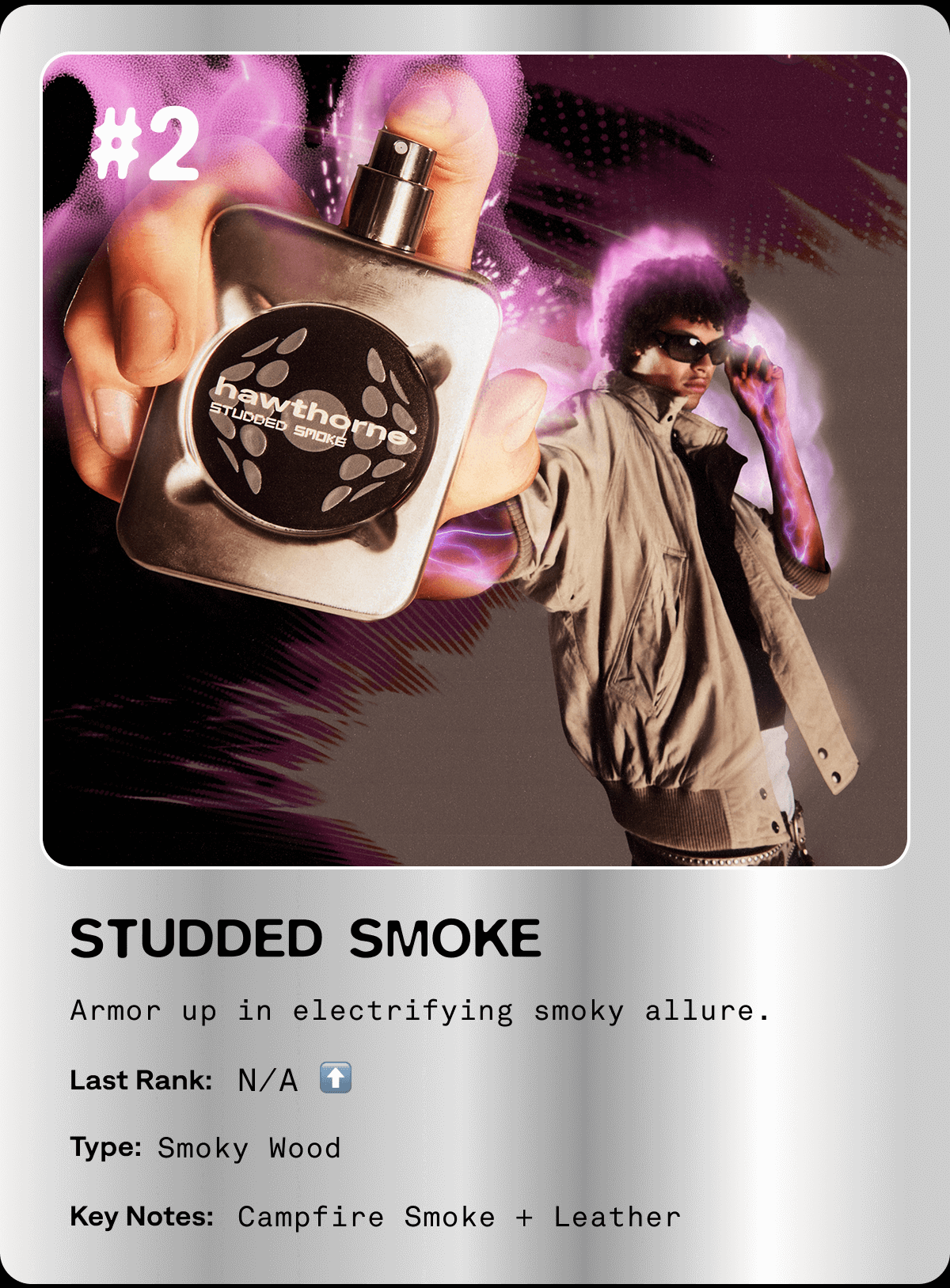 STUDDED SMOKE Armor up in electrifying smoky allure. Last Rank: N/A ⬆️ Type: Smoky Wood Key Notes: Campfire Smoke + Leather 