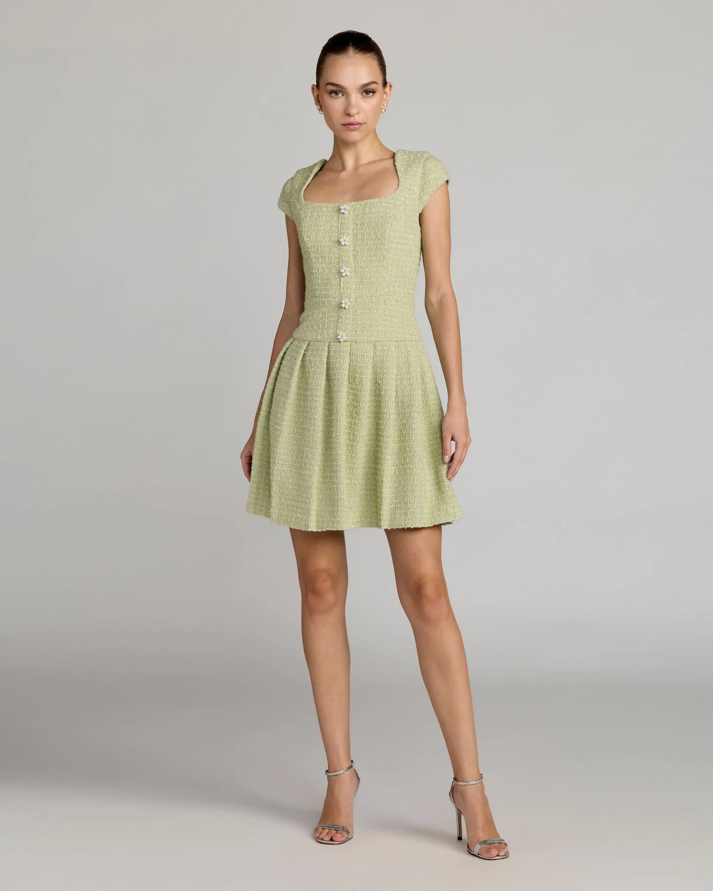 Image of Green Tweed Cap Sleeve Pleated Mini Dress