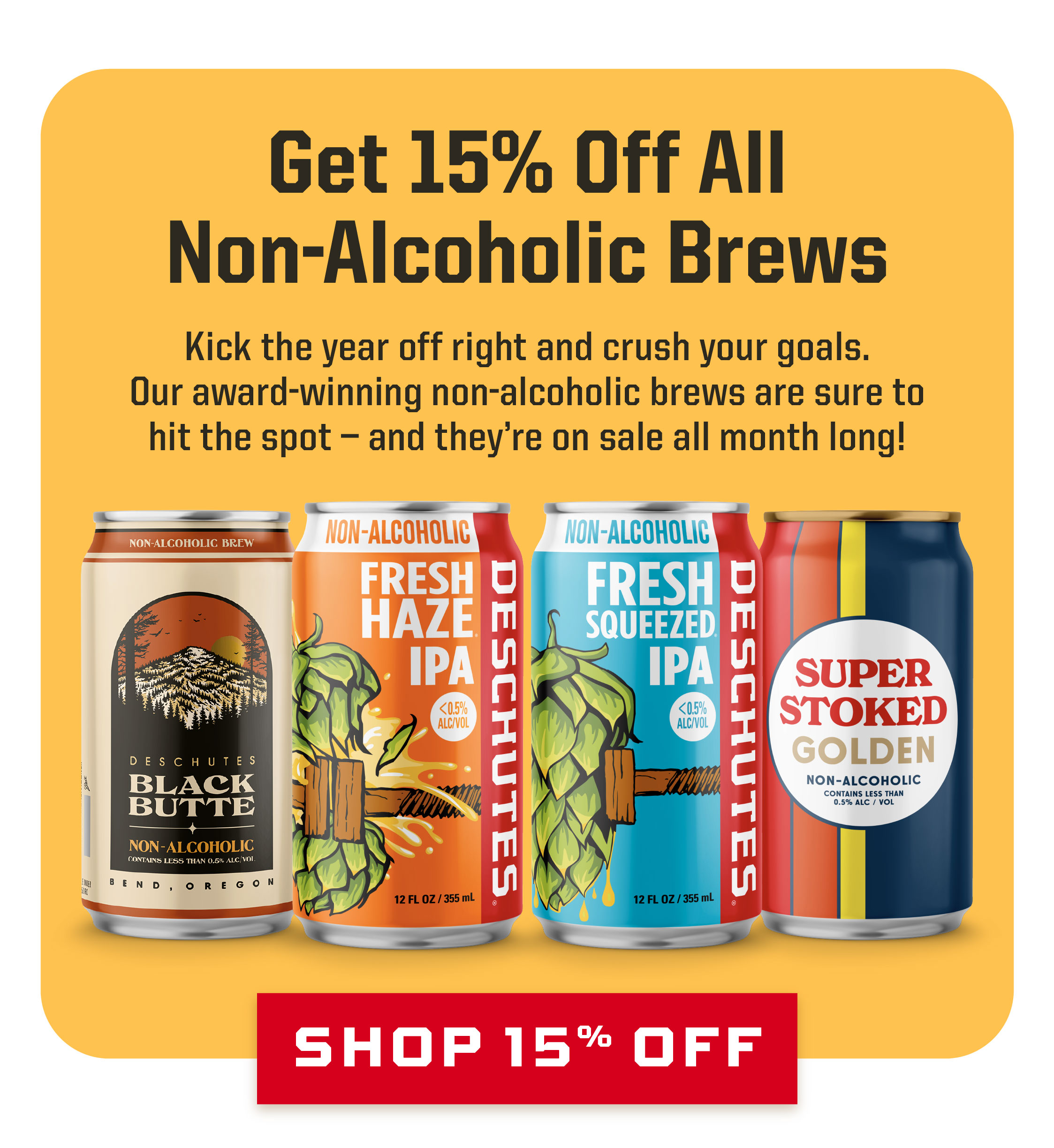 Get 15% off all non-alcoholic brews with an image of our non-alc beers