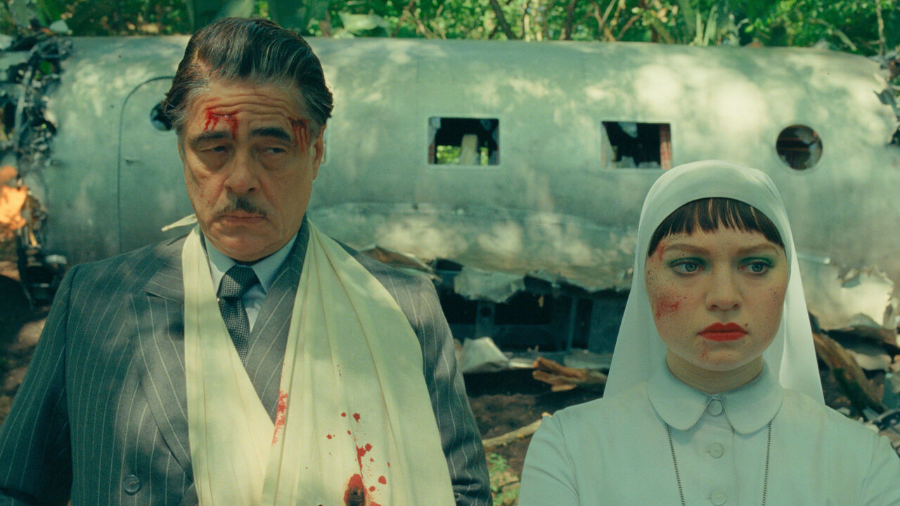 Benicio Del Toro and Mia Threapleton in a scene from Focus Features new film, The Phoenician Scheme by Wes Anderson.
