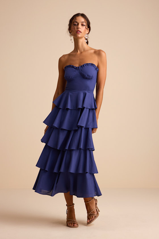 Image of Nayha Blue Strapless Tiered Midi Dress