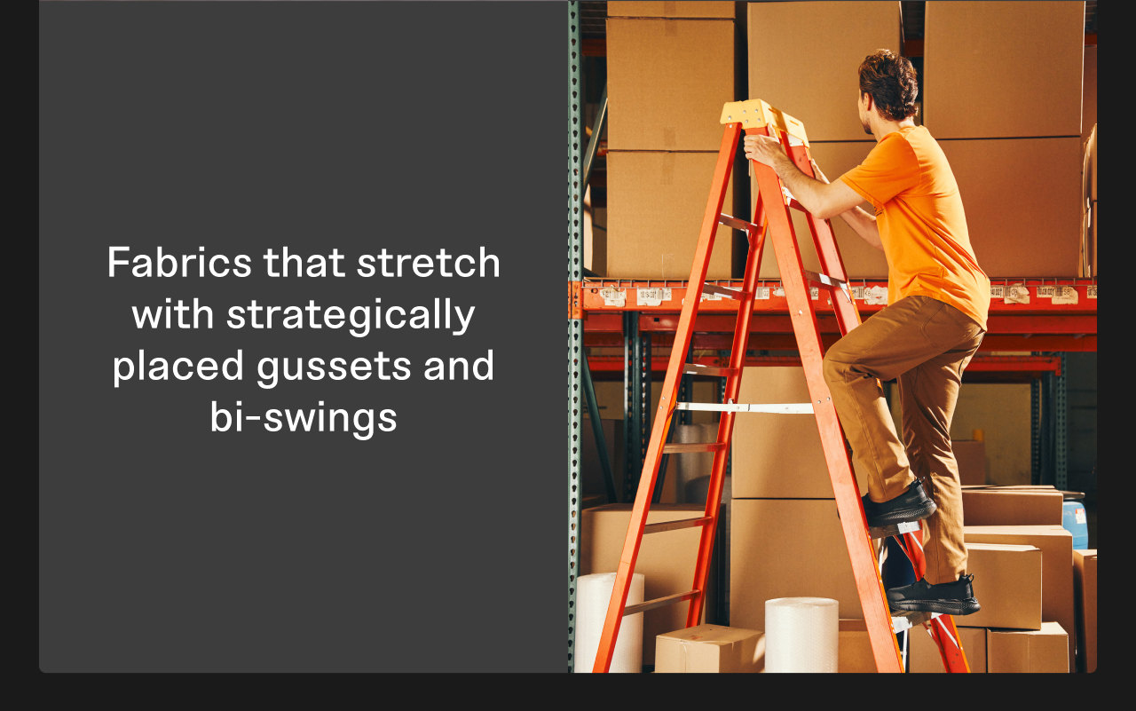 Fabrics that stretch with strategically placed gussets and bi-swings