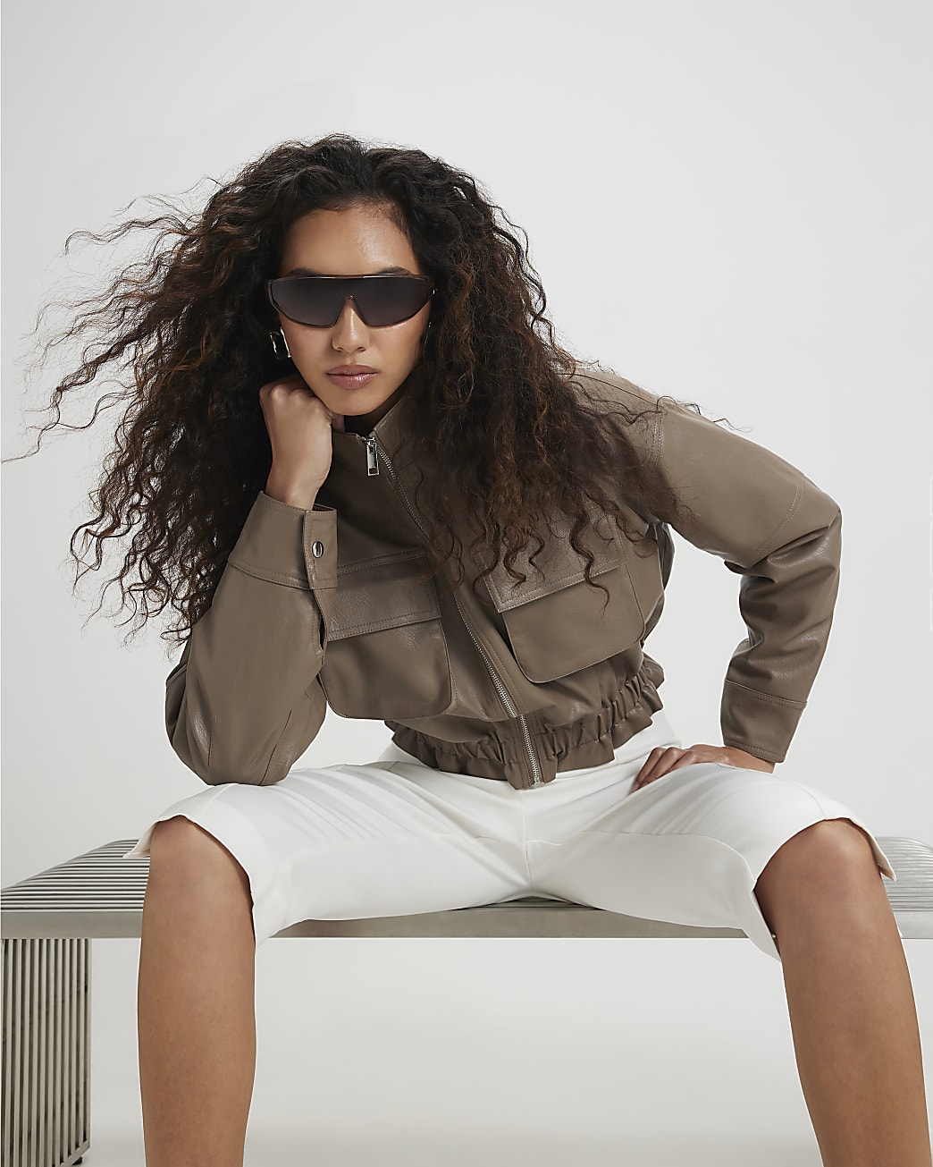 Womens Beige Funnel Neck Faux Leather Jacket