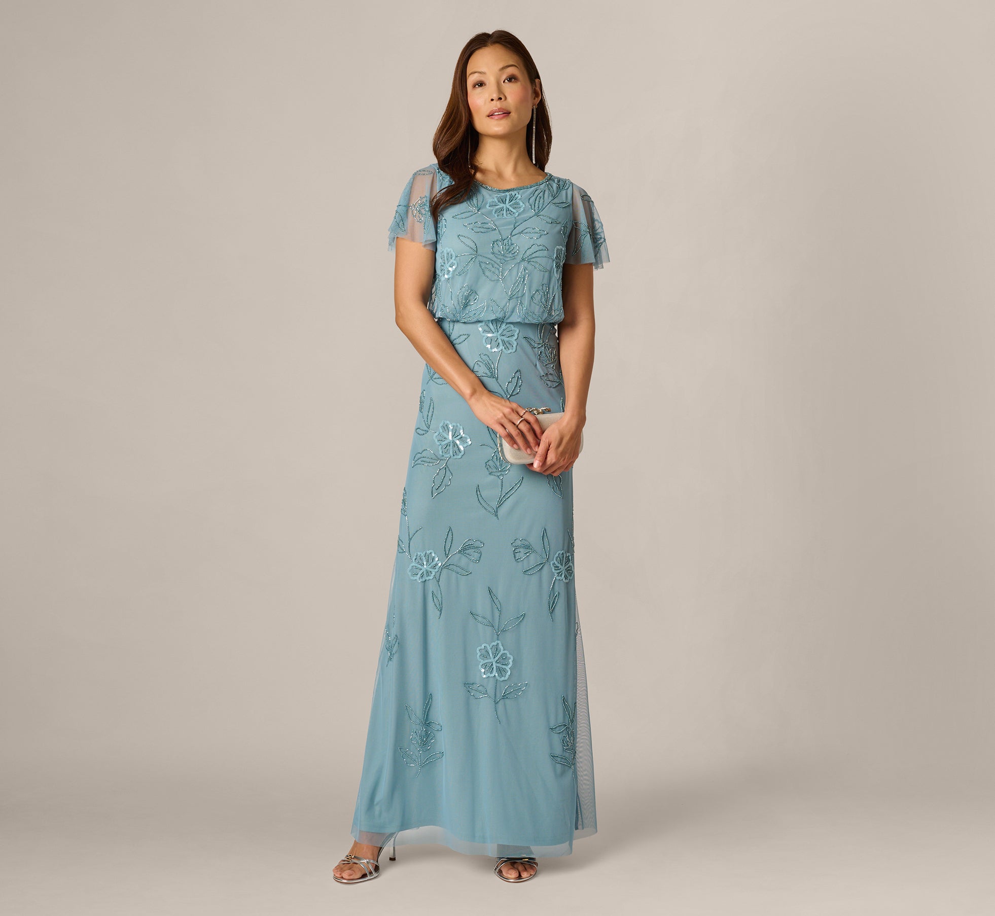 Image of Flutter Sleeve Floral Beaded Blouson Gown In Air Sky