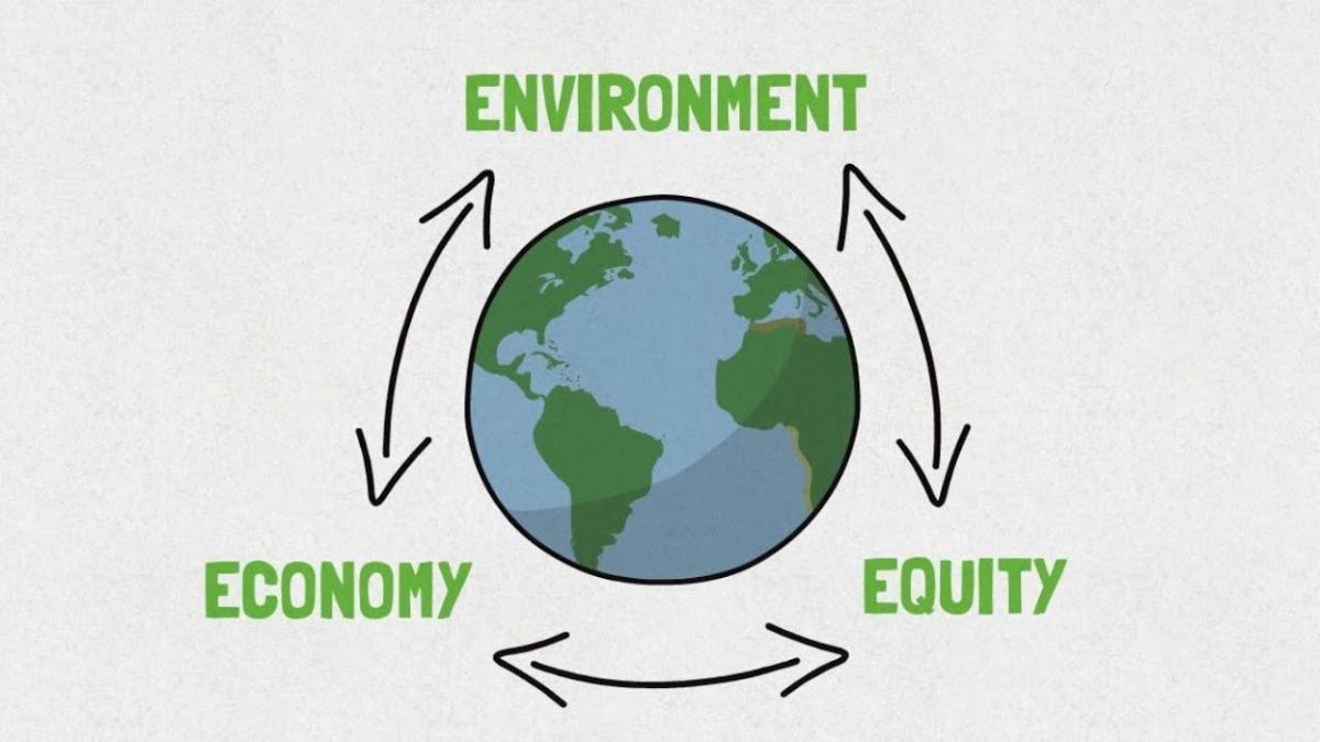 The words "environment" "equity" and "economy" in green letters around illustration of Earth