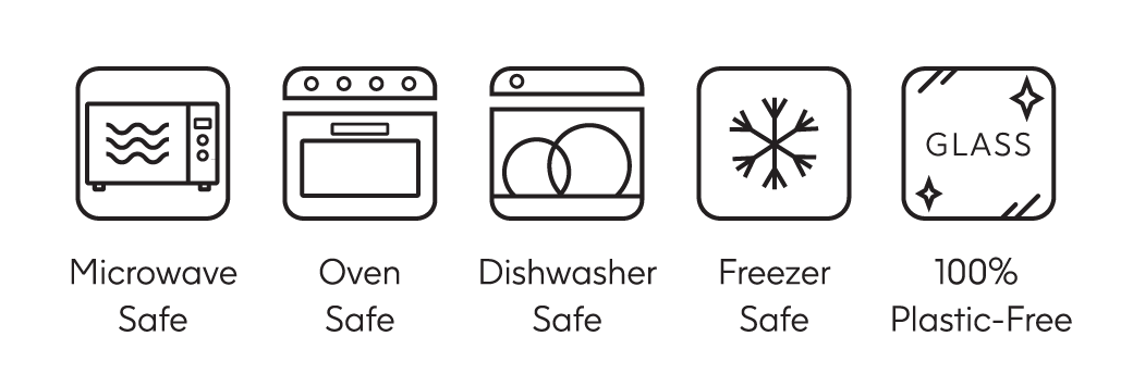 A graphic highlighting the benefits of 100% plastic-free glassware. It includes five icons with corresponding text: a recycling symbol with "Nontoxic & coating-free," a dishwasher icon with "Dishwasher Safe," a microwave icon with "Microwave Safe," a snowflake icon with "Freezer Safe," and an oven icon displaying "200°C / 400°F" with "Oven Safe." The text is in bold black font on a white background.