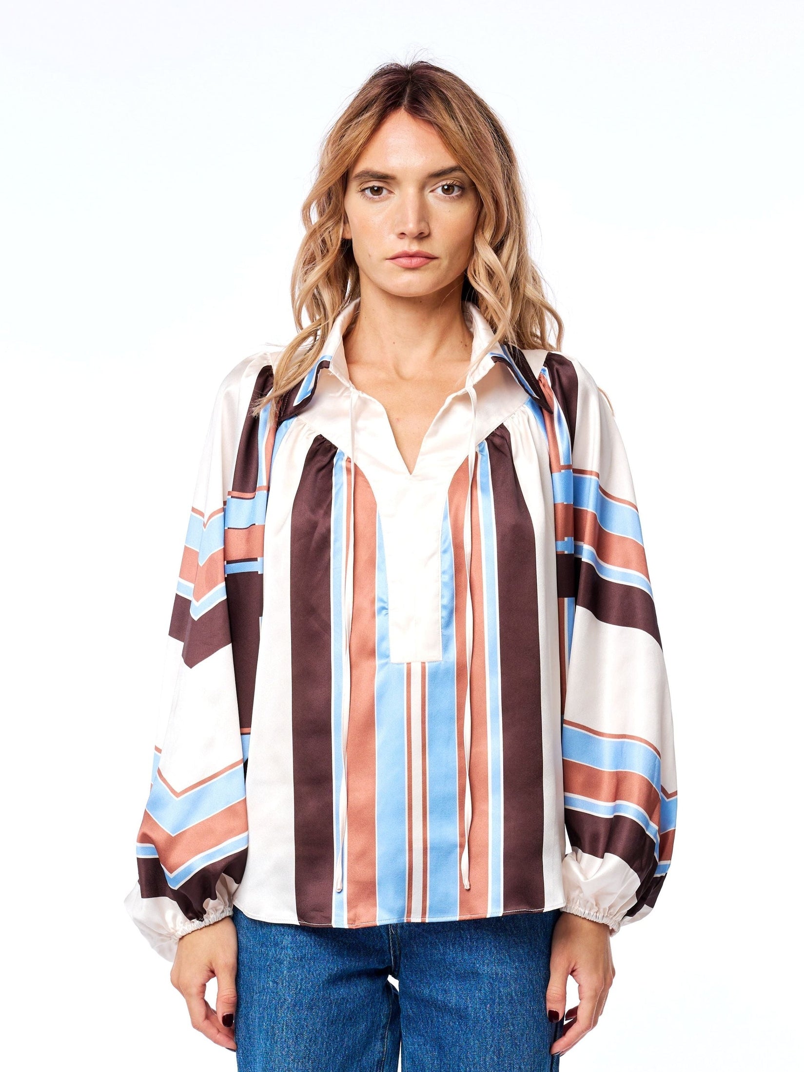 Image of Nicolletta Striped Satin Long Sleeve Top