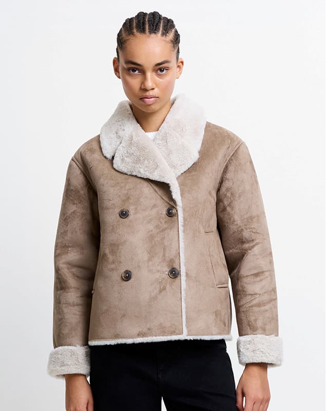 Faux Suede Double Breasted Coat