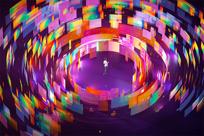Artwork of a person surrounded by a swirling cylinder of screens.