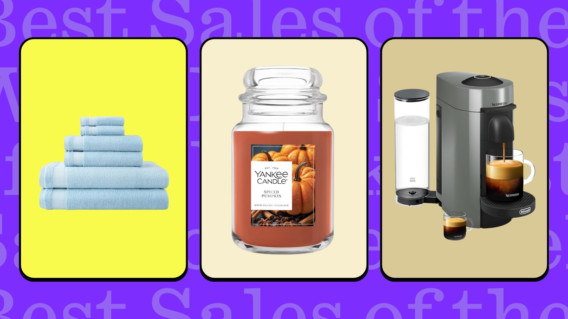 Martha Stewart-approved towels, Yankee Candle Spiced Pumpkin candle, and Nespresso Vertuo Plus Coffee and Espresso Maker