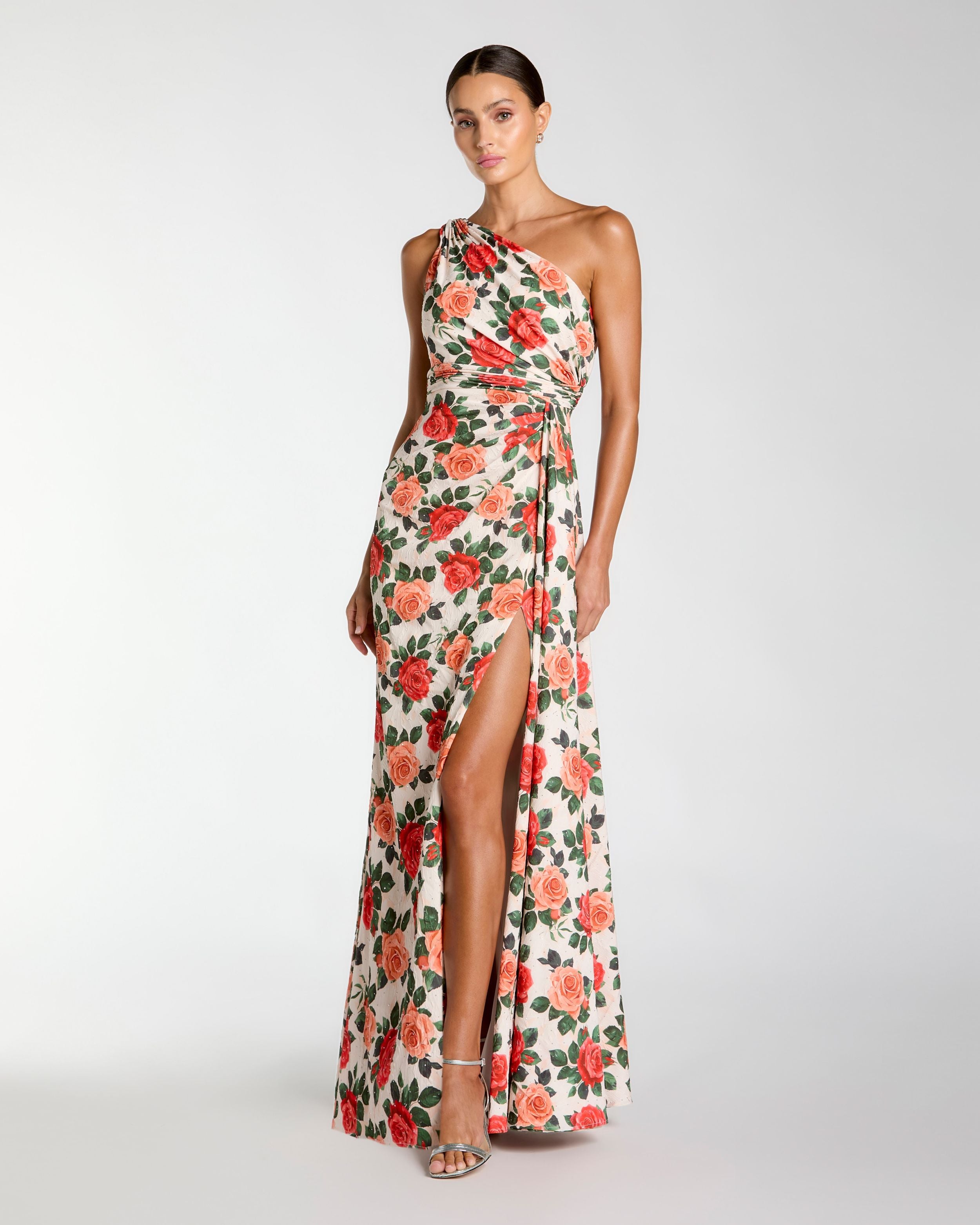 Image of Multicolor Floral One Shoulder Slit Gown