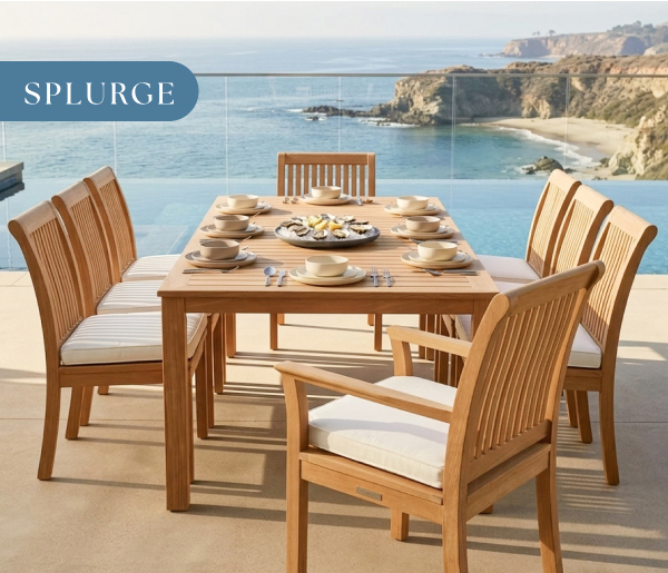 Image of Kingsley Bate teak dining set beside an oceanfront infinity pool