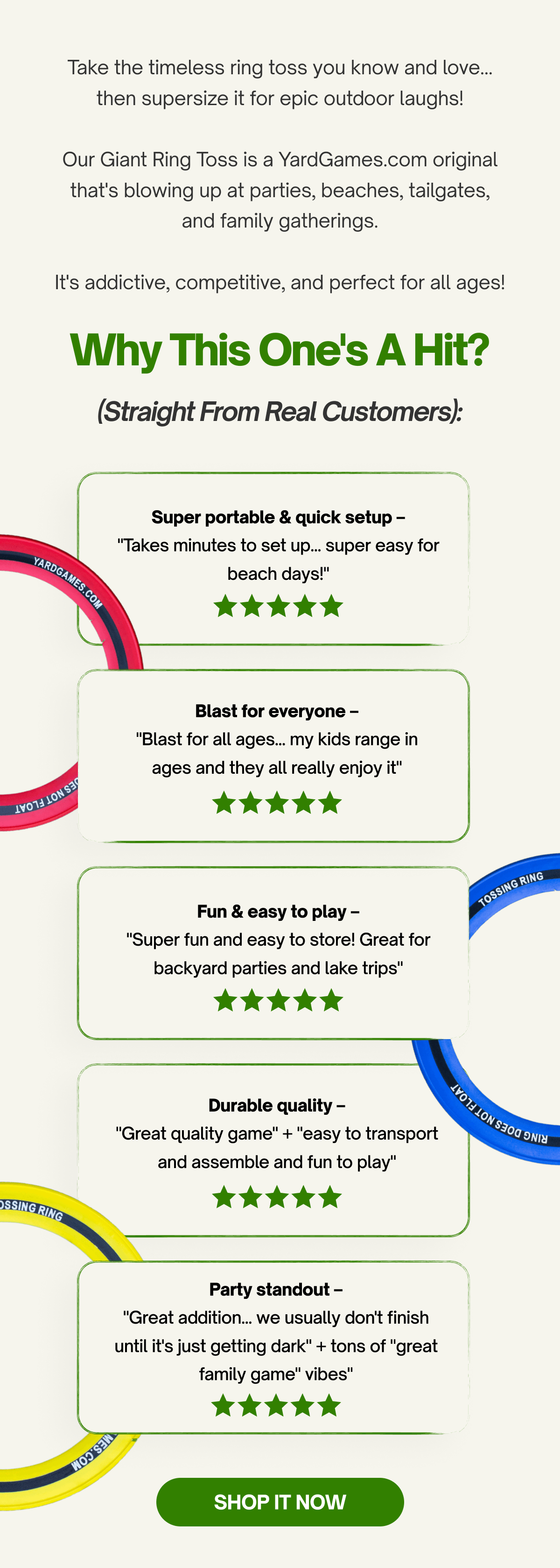 Why This One's a Hit **** (Straight from Real Customers):  - **Super portable & quick setup** – "Takes minutes to set up... super easy for beach days!" - **Blast for everyone** – "Blast for all ages... my kids range in ages and they all really enjoy it" - **Fun & easy to play** – "Super fun and easy to store! Great for backyard parties and lake trips" - **Durable quality** – "Great quality game" + "easy to transport and assemble and fun to play" - P**arty standout** – "Great addition... we usually don't finish until it's just getting dark" + tons of "great family game" vibes  | SHOP NOW