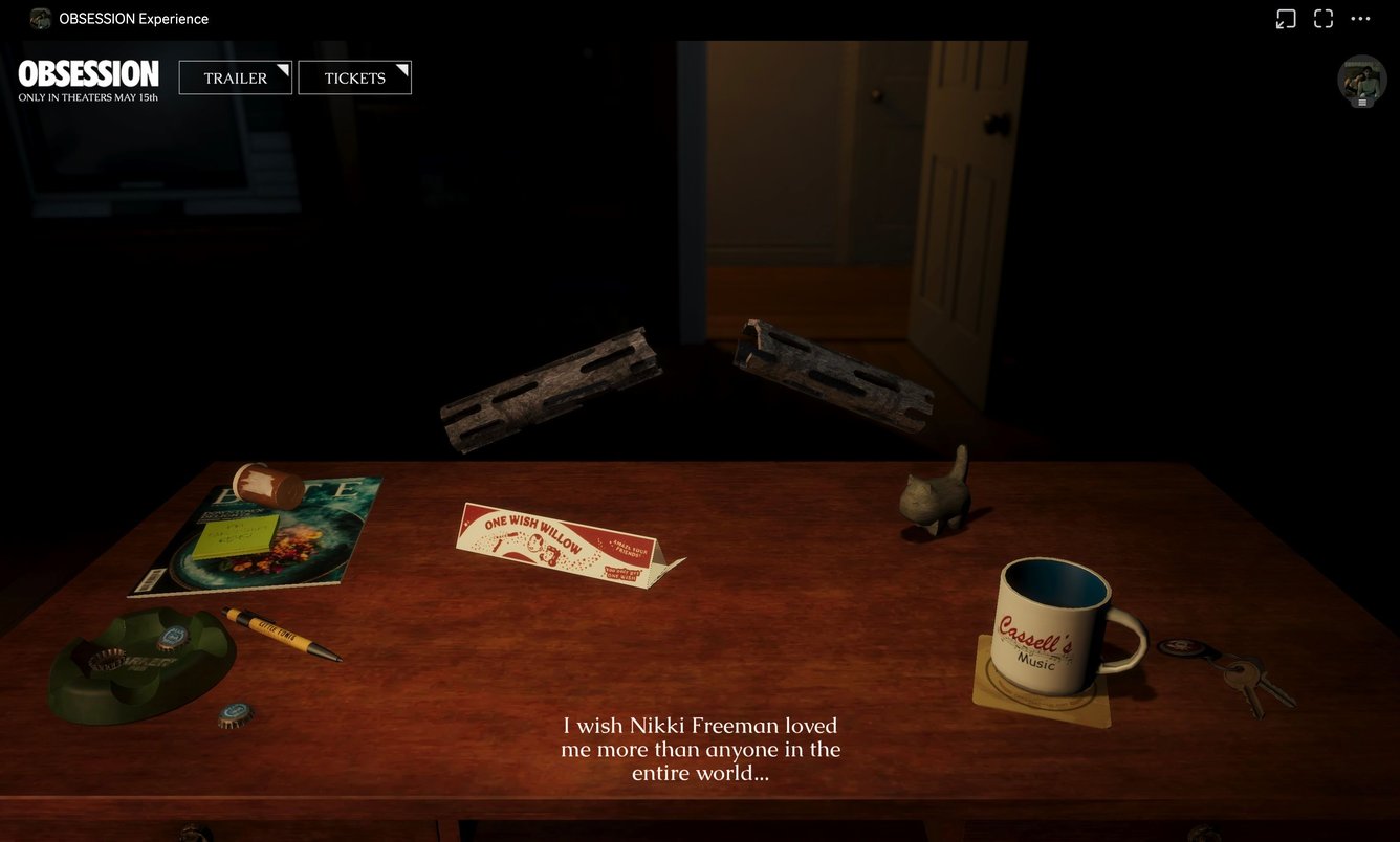 Screenshot of Discord Obsession Quest, which displays the broken One Wish WIllow stick on a desk with other movie objects and the phrase 'I wish Nikki Freeman loved me more than anyone in the entire world.'