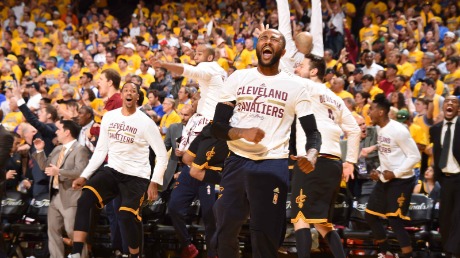 Cavaliers players celebrate during the finals in 2017