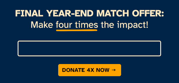 Blue background with orange button and orange progress bar. Text reads: Final year-end match offer &ndash; make four times the impact! Button text reads: Donate 4X now.